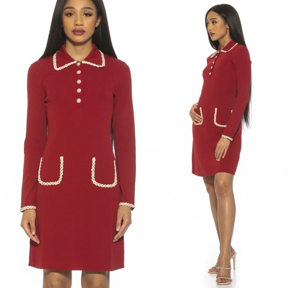 Alexia Admor NWT Bennie Dress S Burgundy red long sleeve collared preppy knit - Picture 1 of 14